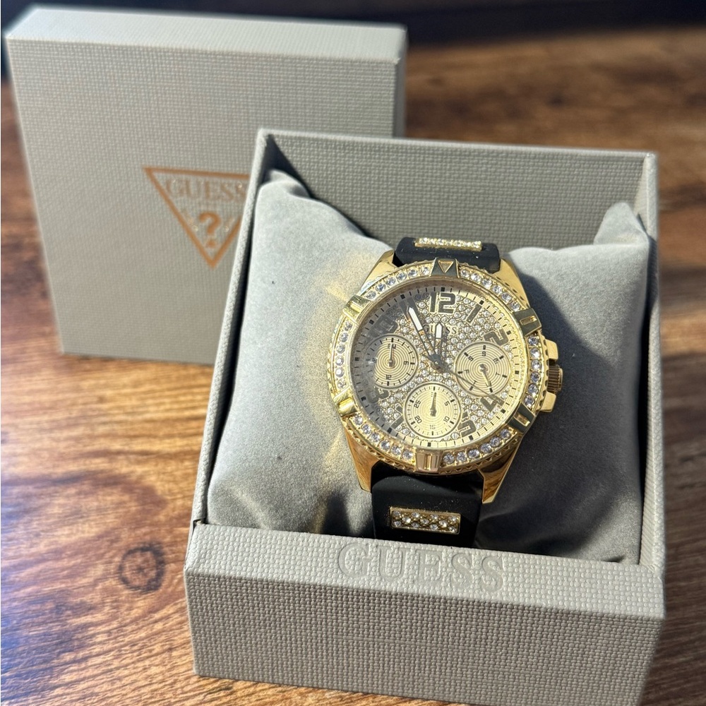 GUESS Ladies Black Gold Tone Multi-function Watch